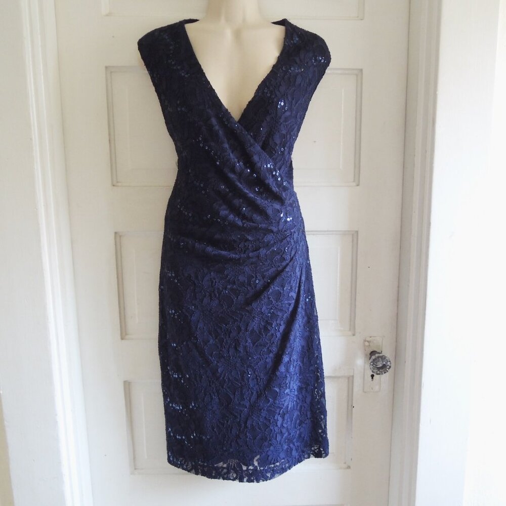 Lauren Ralph Lauren Blue Floral Lace & Sequins Ruched Midi Dress 12